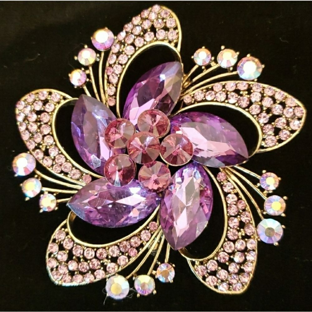 VNTG Large Floral Pink Rose Rhinestone Ruby Red/Purple Gemstone Brooch